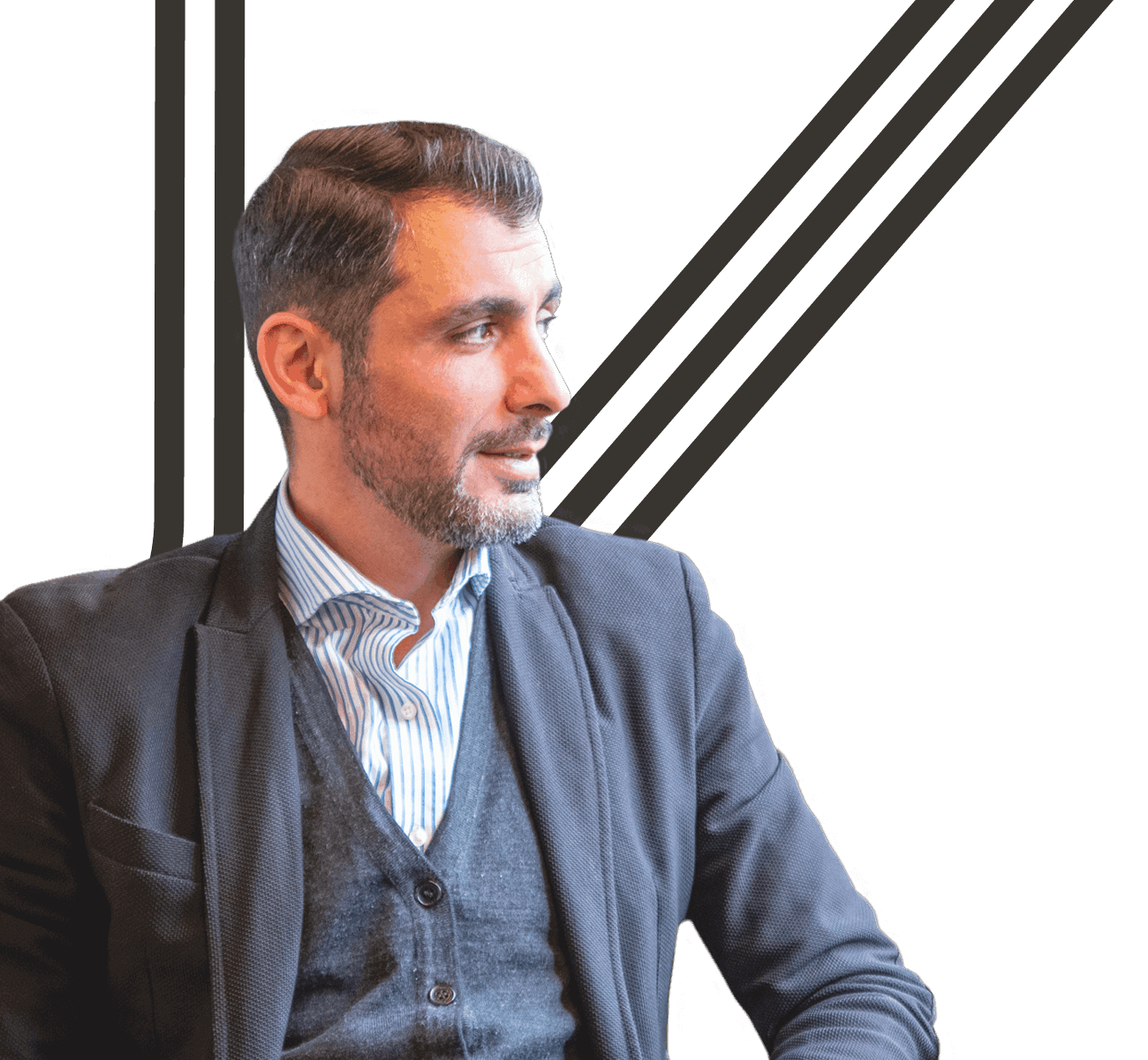 A man with a vest and blazer with graphic representation of transit lines.